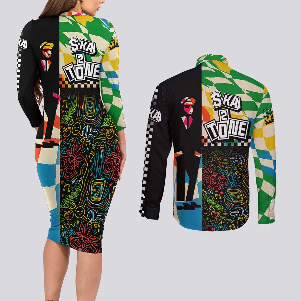 Ska Two Tone Couples Matching Long Sleeve Bodycon Dress and Long Sleeve Button Shirt with Colorful Checkerboard Music Art Carnival Festival - Wonder Print Shop