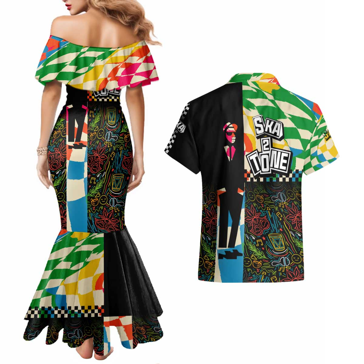 Ska Two Tone Couples Matching Mermaid Dress and Hawaiian Shirt with Colorful Checkerboard Music Art Carnival Festival - Wonder Print Shop