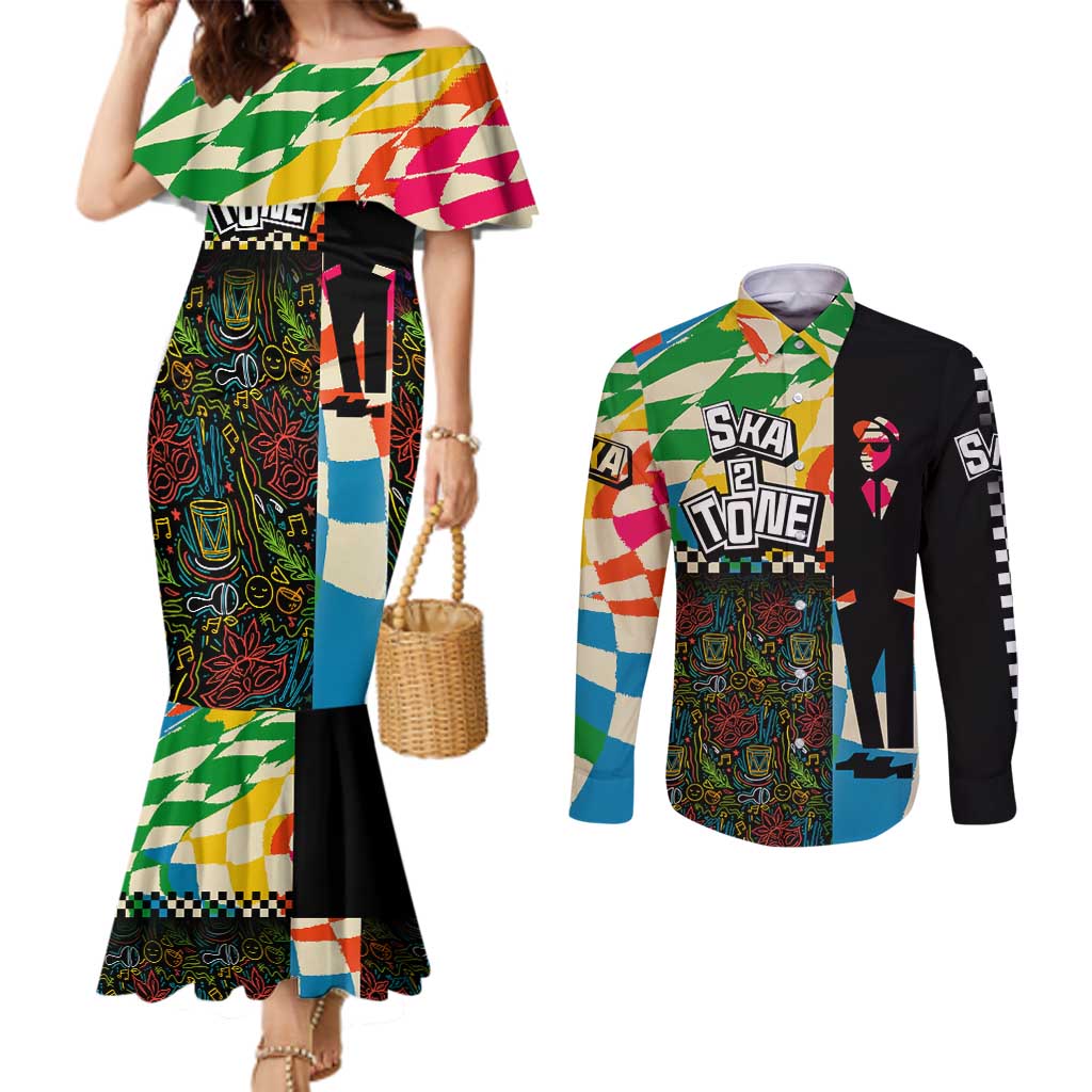 Ska Two Tone Couples Matching Mermaid Dress and Long Sleeve Button Shirt with Colorful Checkerboard Music Art Carnival Festival - Wonder Print Shop