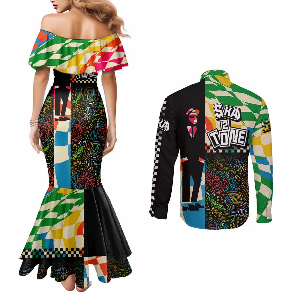 Ska Two Tone Couples Matching Mermaid Dress and Long Sleeve Button Shirt with Colorful Checkerboard Music Art Carnival Festival - Wonder Print Shop