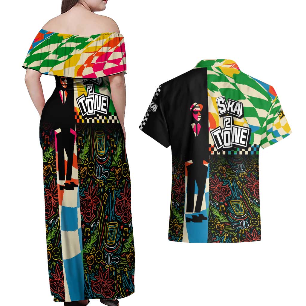 Ska Two Tone Couples Matching Off Shoulder Maxi Dress and Hawaiian Shirt with Colorful Checkerboard Music Art Carnival Festival - Wonder Print Shop