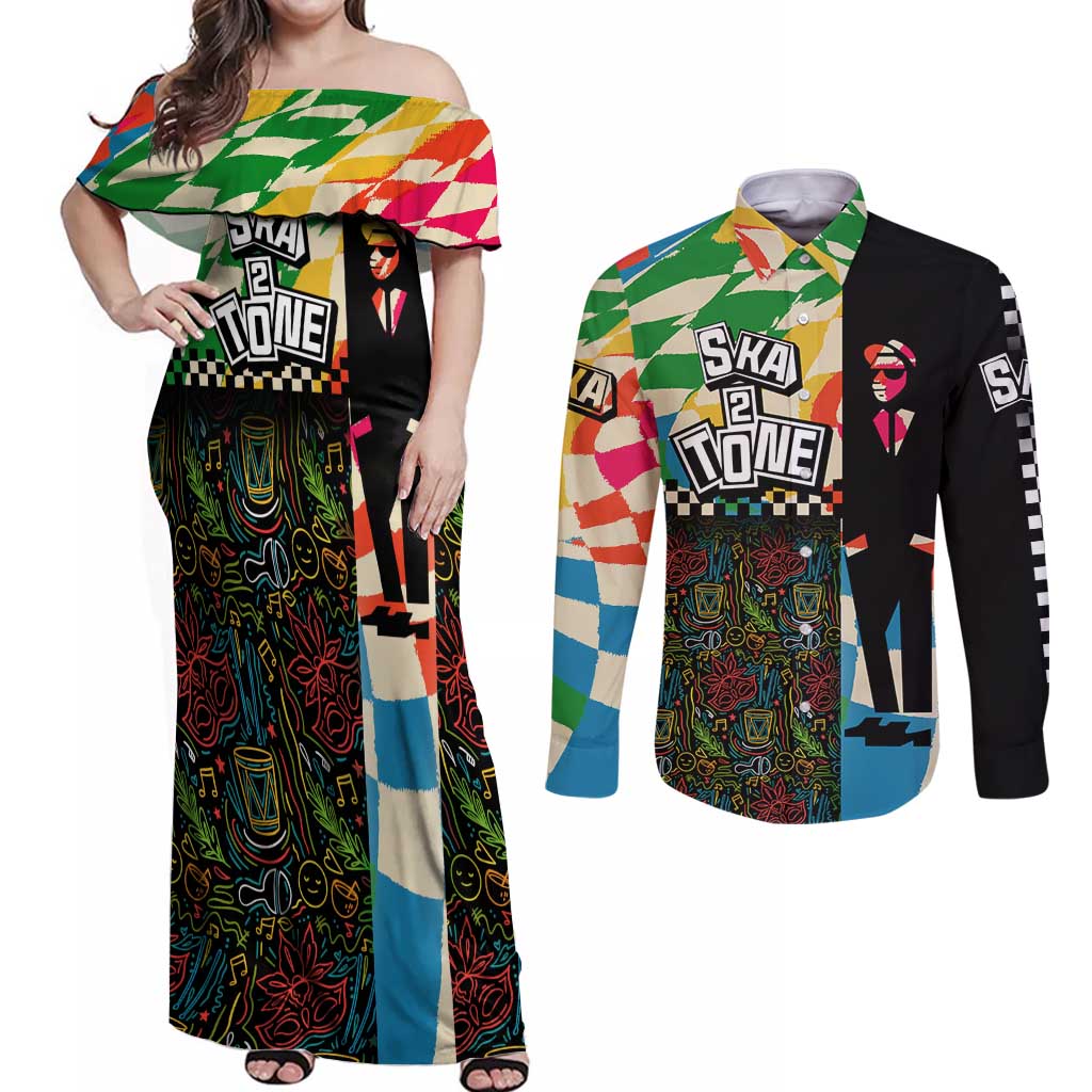 Ska Two Tone Couples Matching Off Shoulder Maxi Dress and Long Sleeve Button Shirt with Colorful Checkerboard Music Art Carnival Festival - Wonder Print Shop