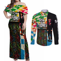 Ska Two Tone Couples Matching Off Shoulder Maxi Dress and Long Sleeve Button Shirt with Colorful Checkerboard Music Art Carnival Festival - Wonder Print Shop