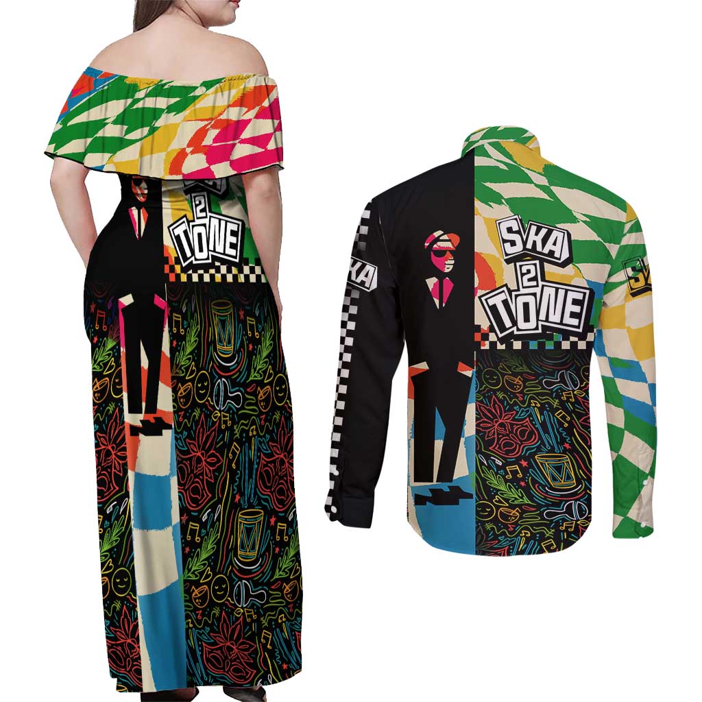 Ska Two Tone Couples Matching Off Shoulder Maxi Dress and Long Sleeve Button Shirt with Colorful Checkerboard Music Art Carnival Festival - Wonder Print Shop