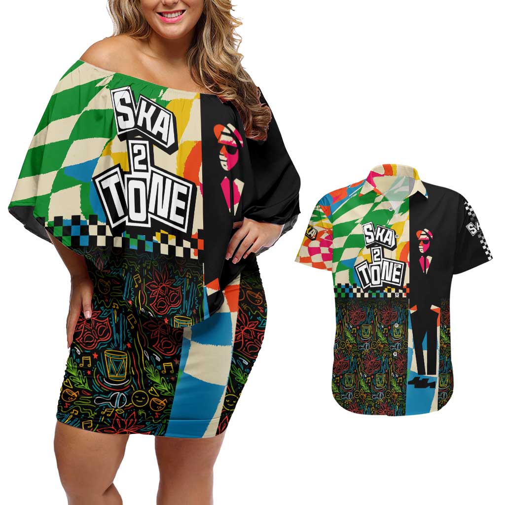 Ska Two Tone Couples Matching Off Shoulder Short Dress and Hawaiian Shirt with Colorful Checkerboard Music Art Carnival Festival - Wonder Print Shop