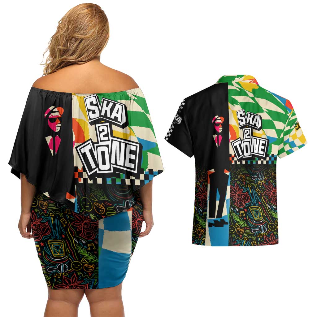 Ska Two Tone Couples Matching Off Shoulder Short Dress and Hawaiian Shirt with Colorful Checkerboard Music Art Carnival Festival - Wonder Print Shop
