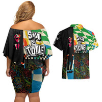 Ska Two Tone Couples Matching Off Shoulder Short Dress and Hawaiian Shirt with Colorful Checkerboard Music Art Carnival Festival - Wonder Print Shop