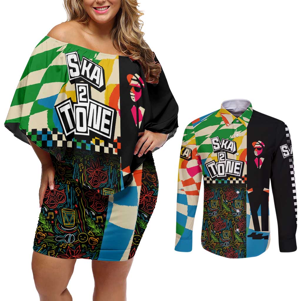Ska Two Tone Couples Matching Off Shoulder Short Dress and Long Sleeve Button Shirt with Colorful Checkerboard Music Art Carnival Festival - Wonder Print Shop