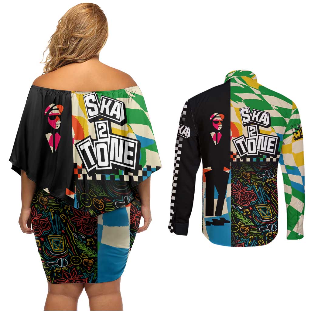Ska Two Tone Couples Matching Off Shoulder Short Dress and Long Sleeve Button Shirt with Colorful Checkerboard Music Art Carnival Festival - Wonder Print Shop