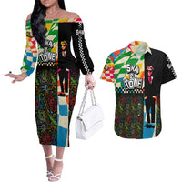 Ska Two Tone Couples Matching Off The Shoulder Long Sleeve Dress and Hawaiian Shirt with Colorful Checkerboard Music Art Carnival Festival - Wonder Print Shop