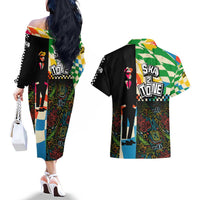 Ska Two Tone Couples Matching Off The Shoulder Long Sleeve Dress and Hawaiian Shirt with Colorful Checkerboard Music Art Carnival Festival - Wonder Print Shop