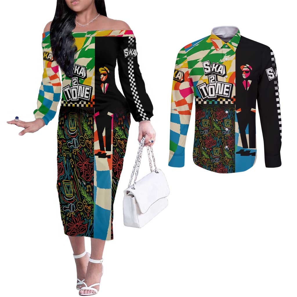 Ska Two Tone Couples Matching Off The Shoulder Long Sleeve Dress and Long Sleeve Button Shirt with Colorful Checkerboard Music Art Carnival Festival - Wonder Print Shop