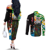Ska Two Tone Couples Matching Off The Shoulder Long Sleeve Dress and Long Sleeve Button Shirt with Colorful Checkerboard Music Art Carnival Festival - Wonder Print Shop