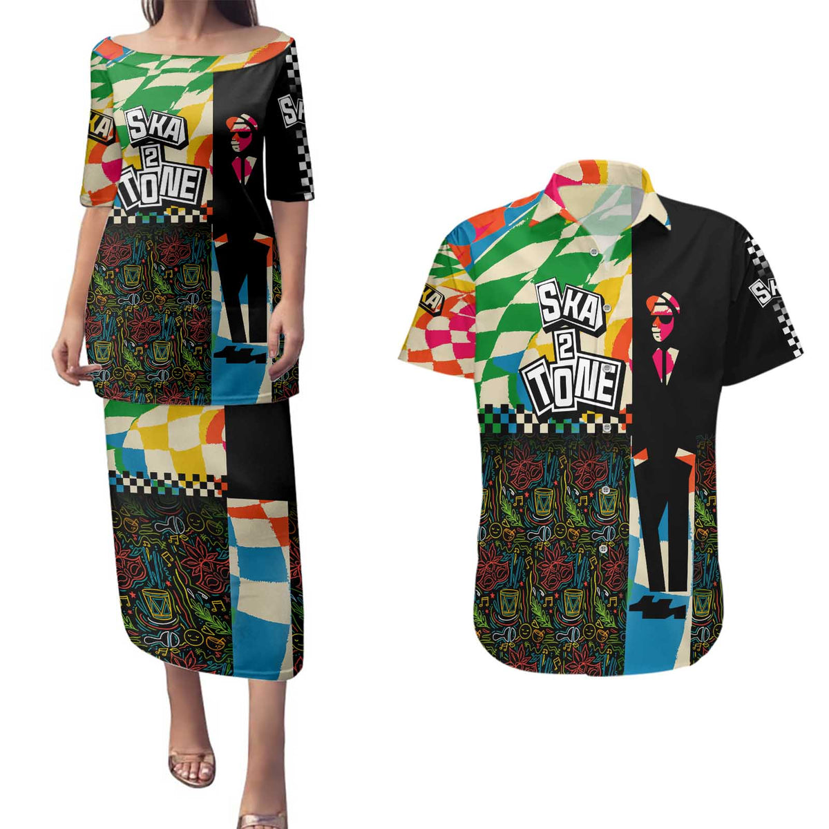 Ska Two Tone Couples Matching Puletasi and Hawaiian Shirt with Colorful Checkerboard Music Art Carnival Festival - Wonder Print Shop