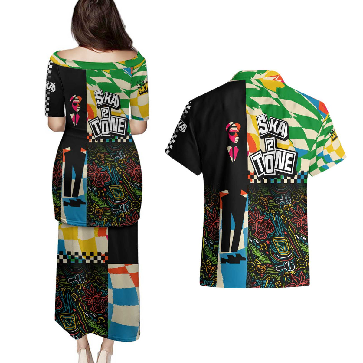Ska Two Tone Couples Matching Puletasi and Hawaiian Shirt with Colorful Checkerboard Music Art Carnival Festival - Wonder Print Shop