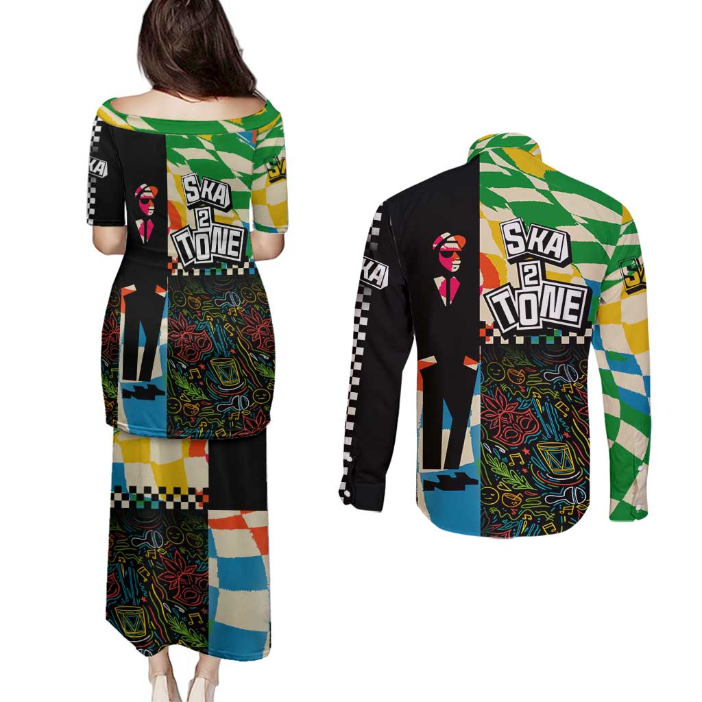 Ska Two Tone Couples Matching Puletasi and Long Sleeve Button Shirt with Colorful Checkerboard Music Art Carnival Festival - Wonder Print Shop