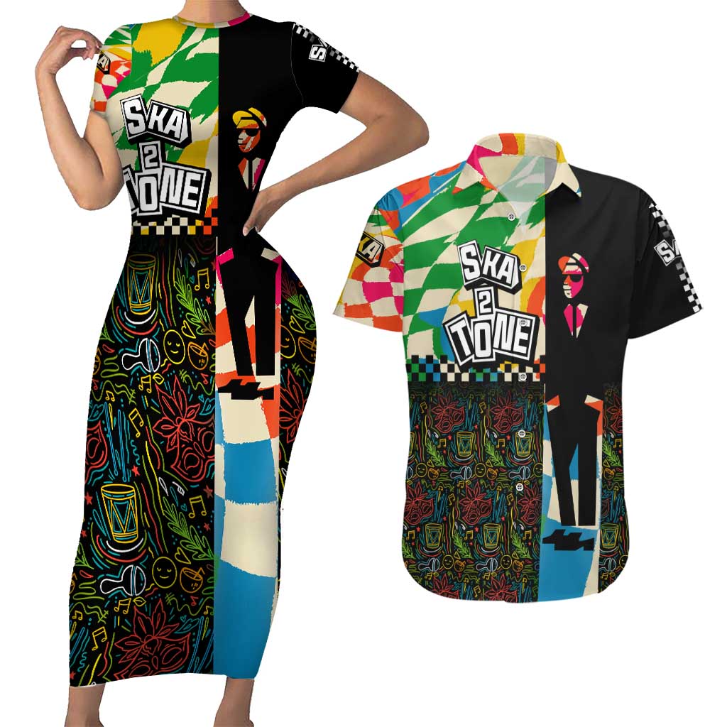 Ska Two Tone Couples Matching Short Sleeve Bodycon Dress and Hawaiian Shirt with Colorful Checkerboard Music Art Carnival Festival - Wonder Print Shop