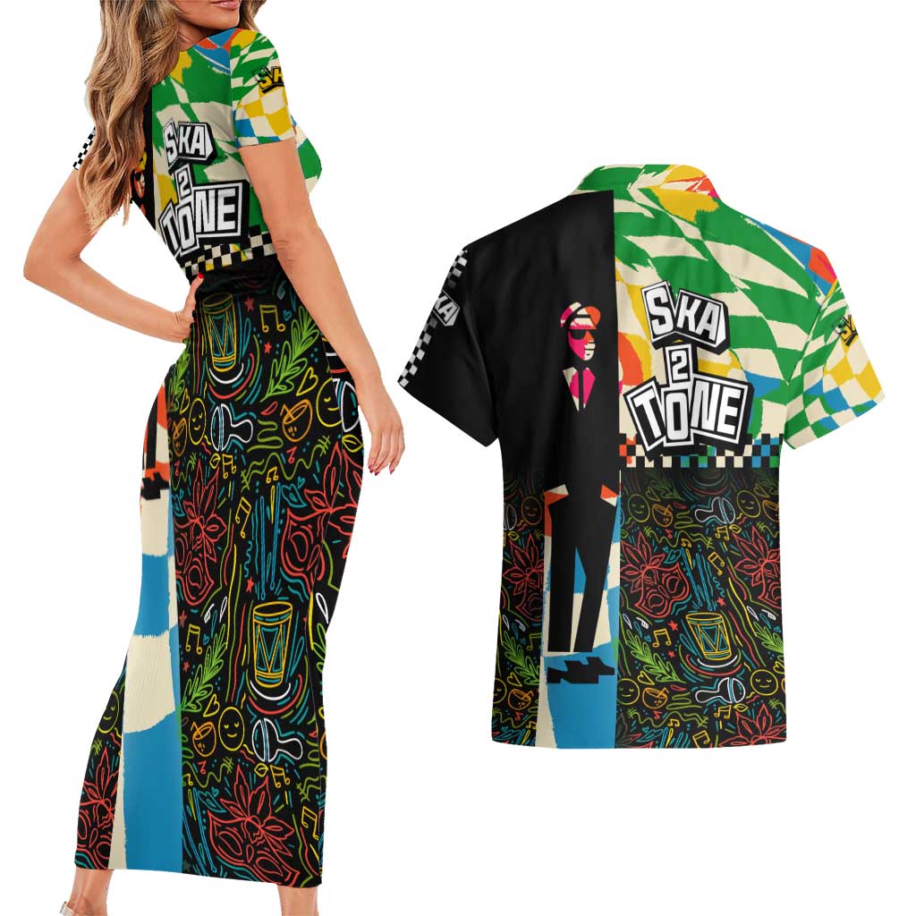 Ska Two Tone Couples Matching Short Sleeve Bodycon Dress and Hawaiian Shirt with Colorful Checkerboard Music Art Carnival Festival - Wonder Print Shop