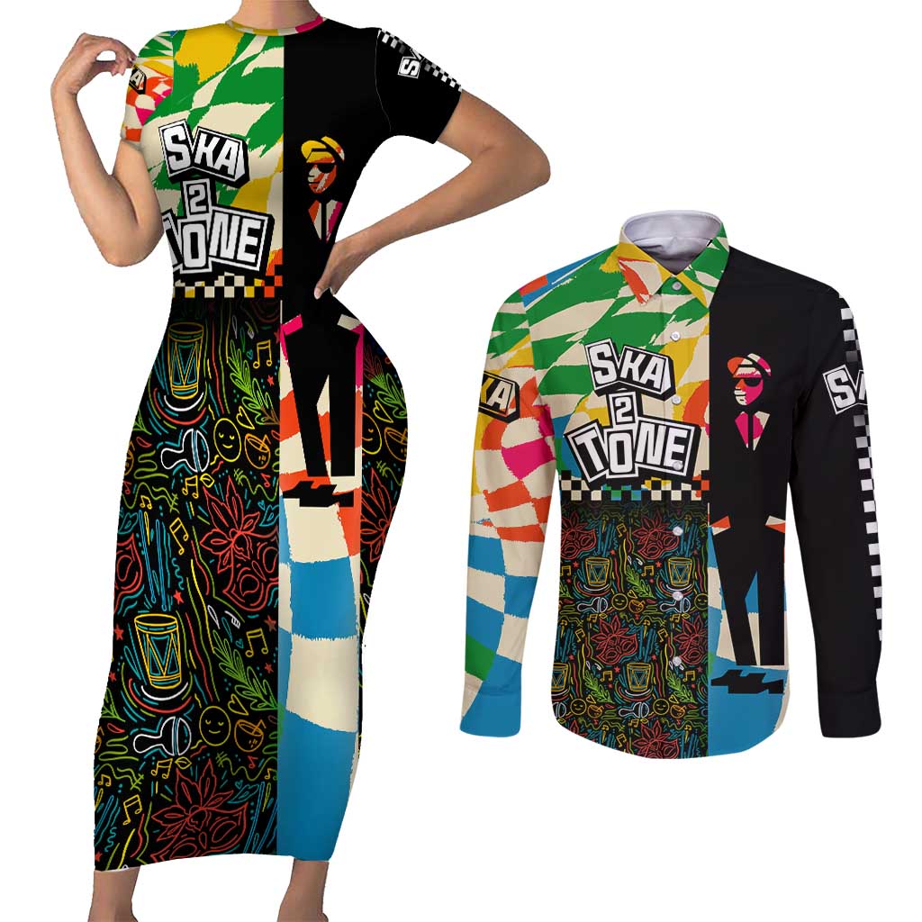Ska Two Tone Couples Matching Short Sleeve Bodycon Dress and Long Sleeve Button Shirt with Colorful Checkerboard Music Art Carnival Festival - Wonder Print Shop