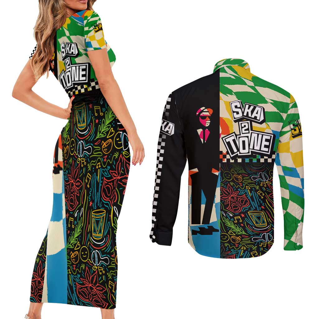 Ska Two Tone Couples Matching Short Sleeve Bodycon Dress and Long Sleeve Button Shirt with Colorful Checkerboard Music Art Carnival Festival - Wonder Print Shop