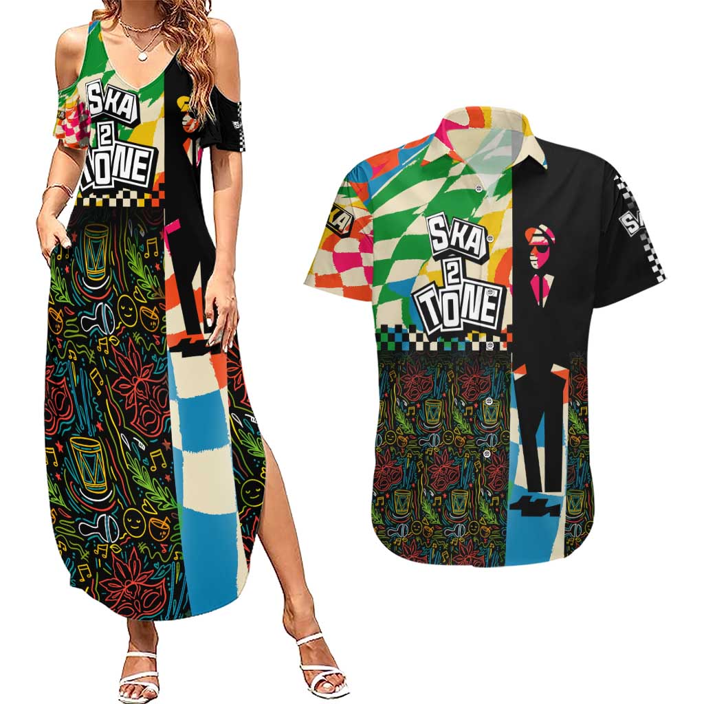 Ska Two Tone Couples Matching Summer Maxi Dress and Hawaiian Shirt with Colorful Checkerboard Music Art Carnival Festival - Wonder Print Shop