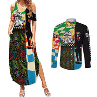 Ska Two Tone Couples Matching Summer Maxi Dress and Long Sleeve Button Shirt with Colorful Checkerboard Music Art Carnival Festival - Wonder Print Shop