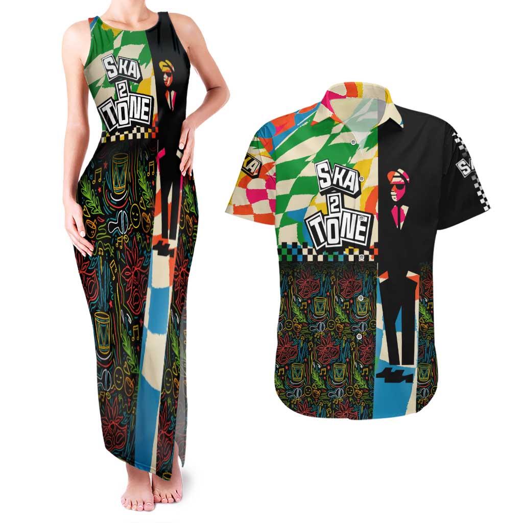 Ska Two Tone Couples Matching Tank Maxi Dress and Hawaiian Shirt with Colorful Checkerboard Music Art Carnival Festival - Wonder Print Shop