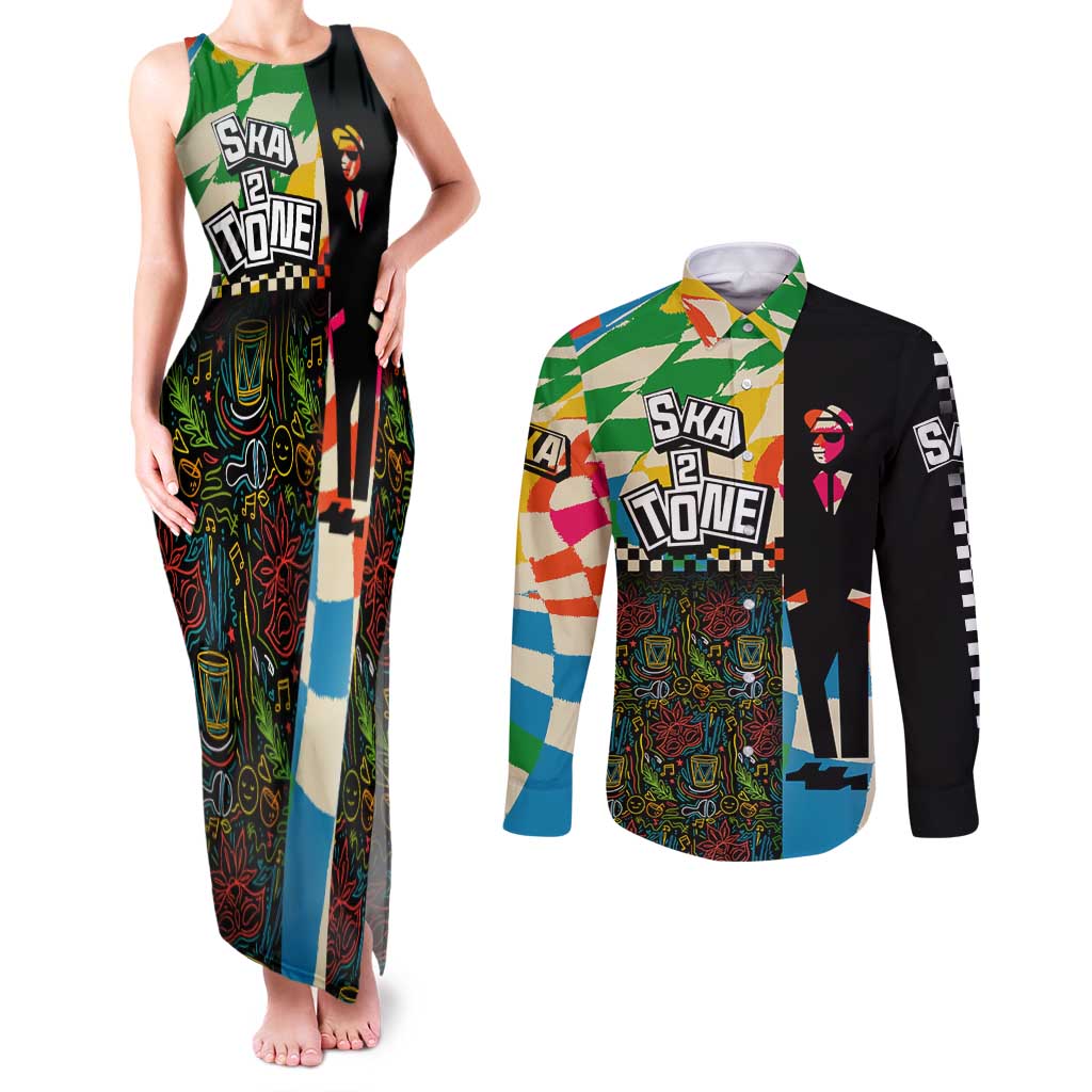 Ska Two Tone Couples Matching Tank Maxi Dress and Long Sleeve Button Shirt with Colorful Checkerboard Music Art Carnival Festival - Wonder Print Shop