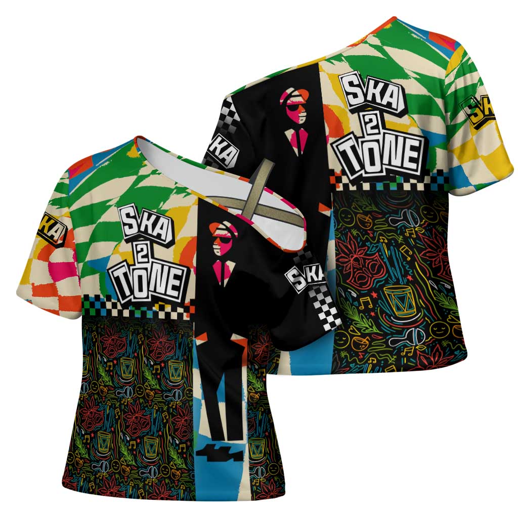 Ska Two Tone Cross Shoulder Shirt with Colorful Checkerboard Music Art Carnival Festival - Wonder Print Shop