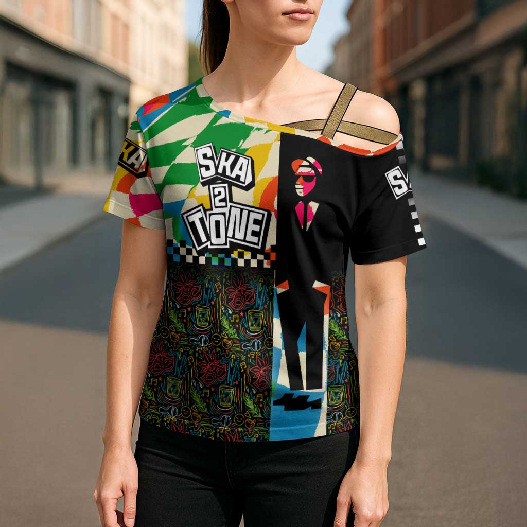 Ska Two Tone Cross Shoulder Shirt with Colorful Checkerboard Music Art Carnival Festival - Wonder Print Shop