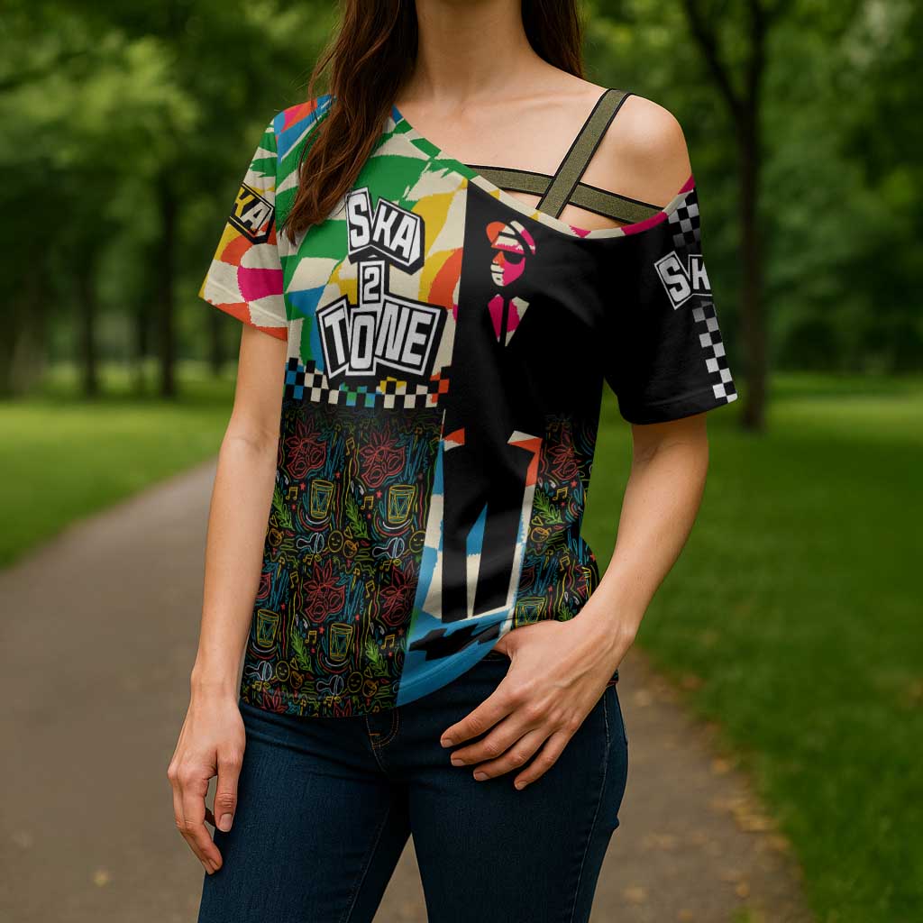 Ska Two Tone Cross Shoulder Shirt with Colorful Checkerboard Music Art Carnival Festival - Wonder Print Shop