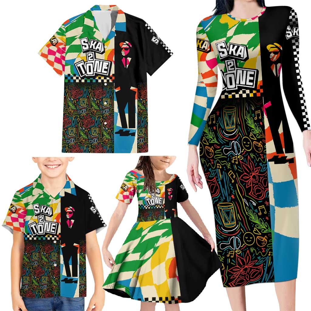 Ska Two Tone Family Matching Long Sleeve Bodycon Dress and Hawaiian Shirt with Colorful Checkerboard Music Art Carnival Festival - Wonder Print Shop
