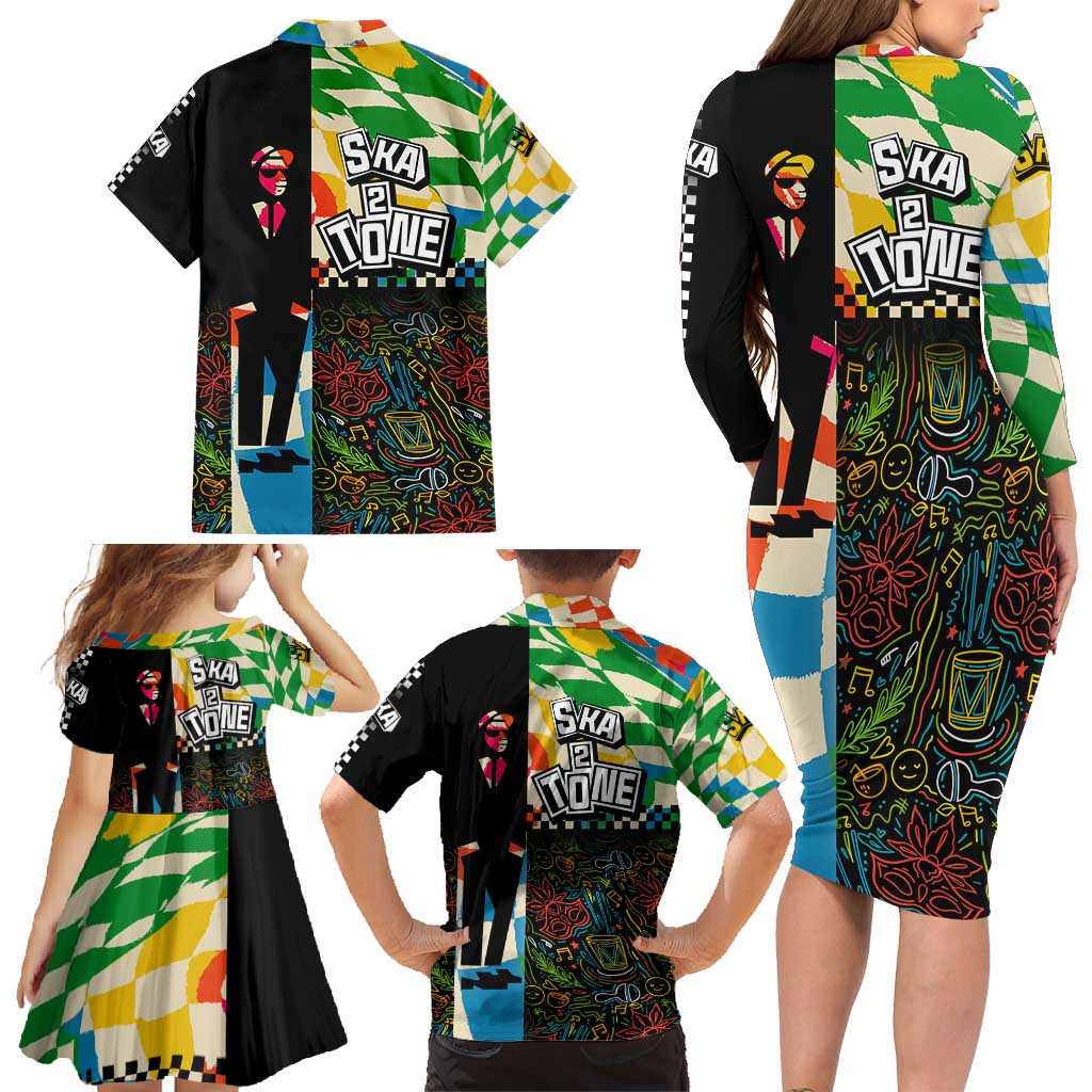 Ska Two Tone Family Matching Long Sleeve Bodycon Dress and Hawaiian Shirt with Colorful Checkerboard Music Art Carnival Festival - Wonder Print Shop