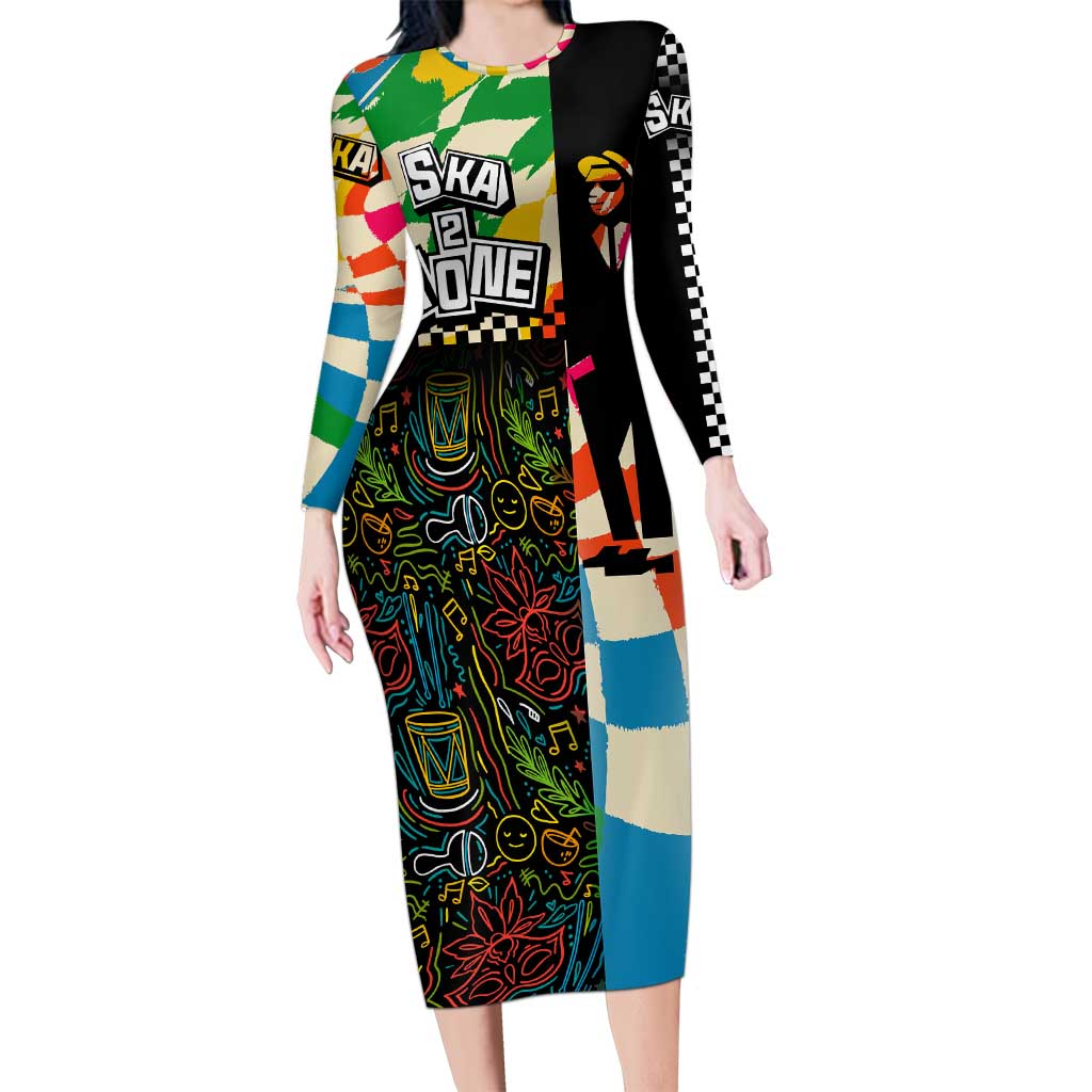 Ska Two Tone Family Matching Long Sleeve Bodycon Dress and Hawaiian Shirt with Colorful Checkerboard Music Art Carnival Festival - Wonder Print Shop