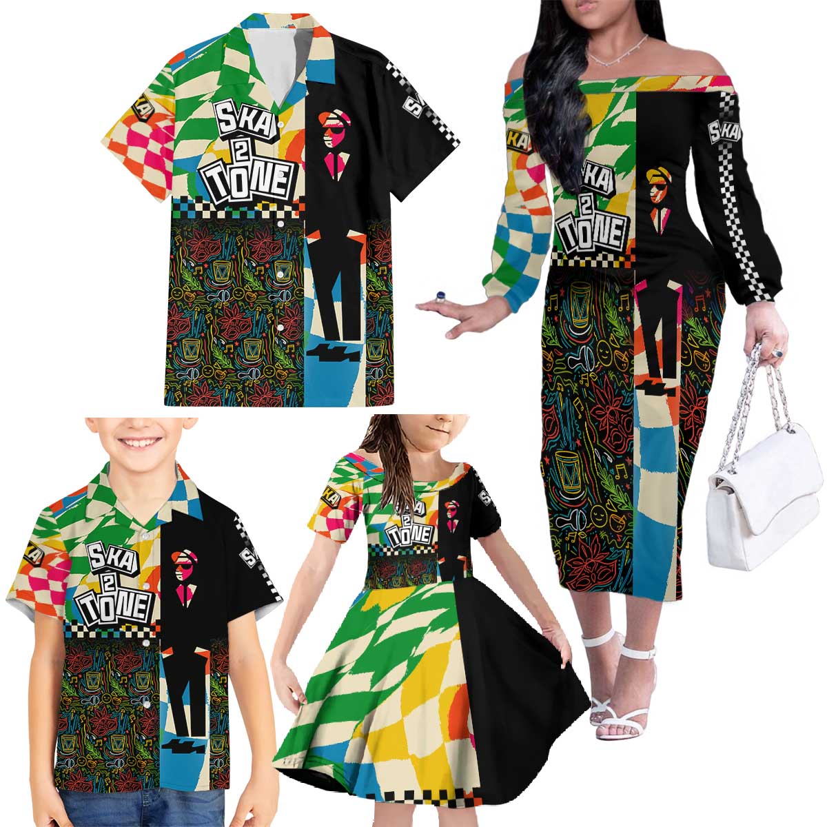 Ska Two Tone Family Matching Off The Shoulder Long Sleeve Dress and Hawaiian Shirt with Colorful Checkerboard Music Art Carnival Festival - Wonder Print Shop