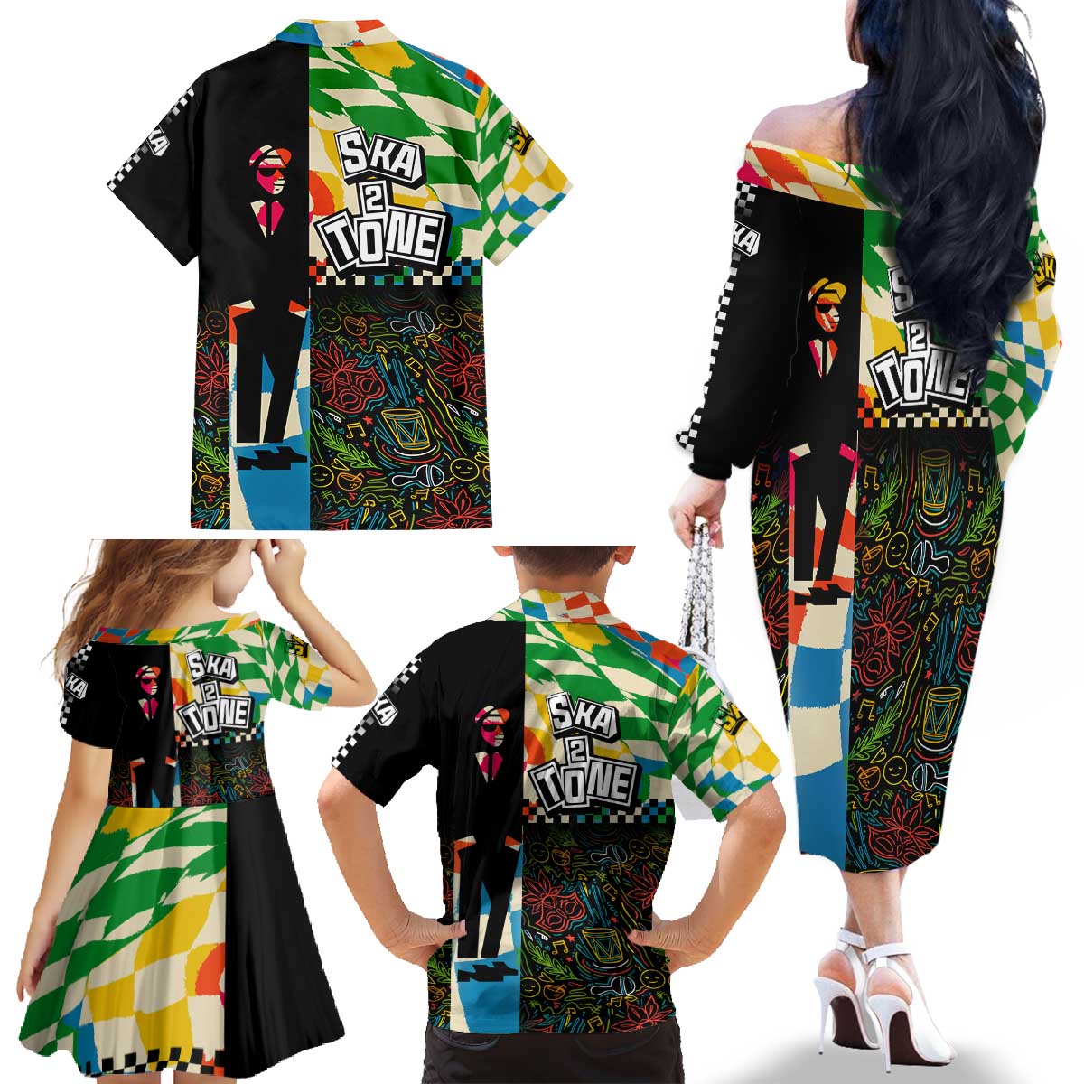 Ska Two Tone Family Matching Off The Shoulder Long Sleeve Dress and Hawaiian Shirt with Colorful Checkerboard Music Art Carnival Festival - Wonder Print Shop