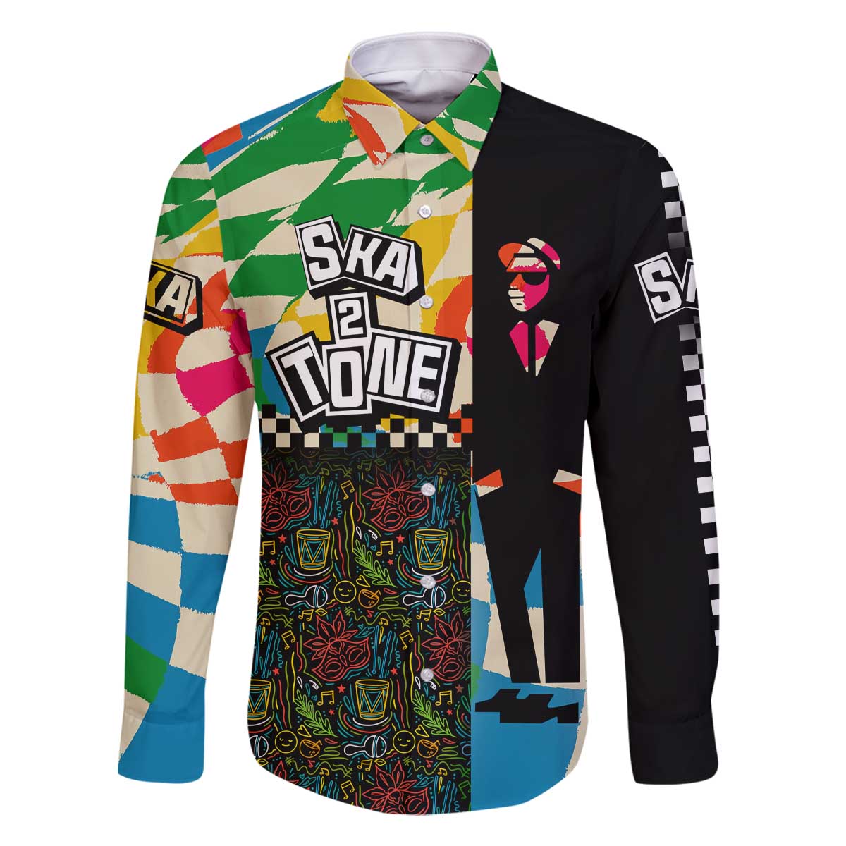Ska Two Tone Family Matching Off The Shoulder Long Sleeve Dress and Hawaiian Shirt with Colorful Checkerboard Music Art Carnival Festival - Wonder Print Shop