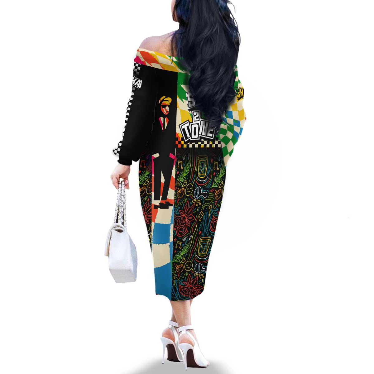 Ska Two Tone Family Matching Off The Shoulder Long Sleeve Dress and Hawaiian Shirt with Colorful Checkerboard Music Art Carnival Festival - Wonder Print Shop