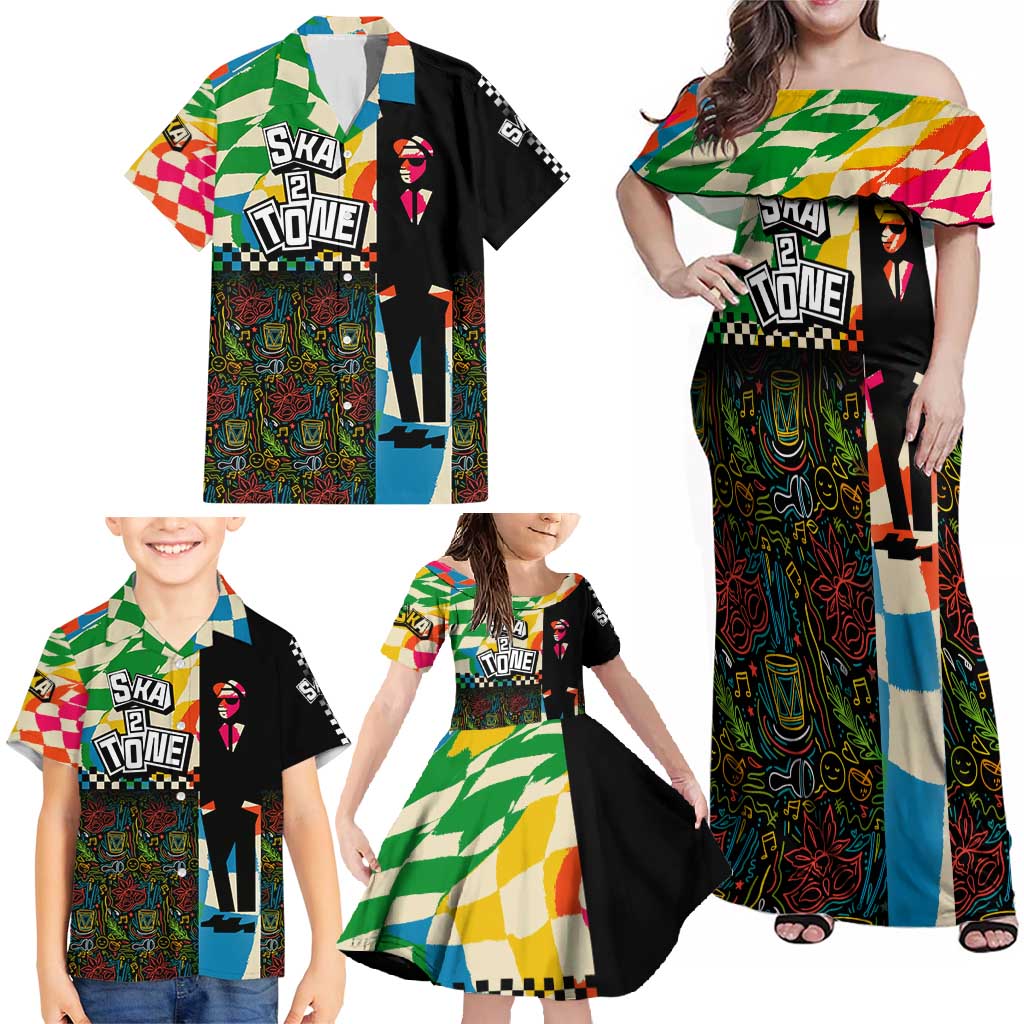 Ska Two Tone Family Matching Off Shoulder Maxi Dress and Hawaiian Shirt with Colorful Checkerboard Music Art Carnival Festival - Wonder Print Shop