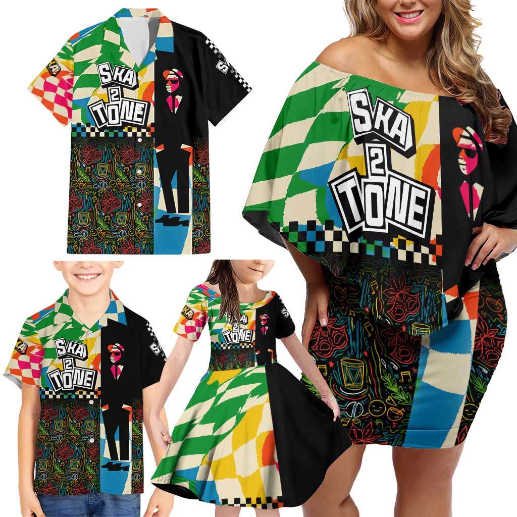 Ska Two Tone Family Matching Off Shoulder Short Dress and Hawaiian Shirt with Colorful Checkerboard Music Art Carnival Festival - Wonder Print Shop