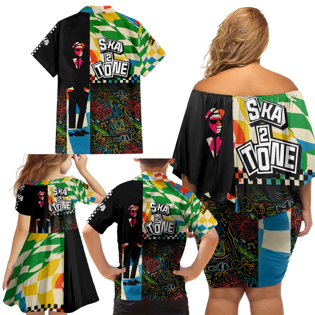 Ska Two Tone Family Matching Off Shoulder Short Dress and Hawaiian Shirt with Colorful Checkerboard Music Art Carnival Festival - Wonder Print Shop