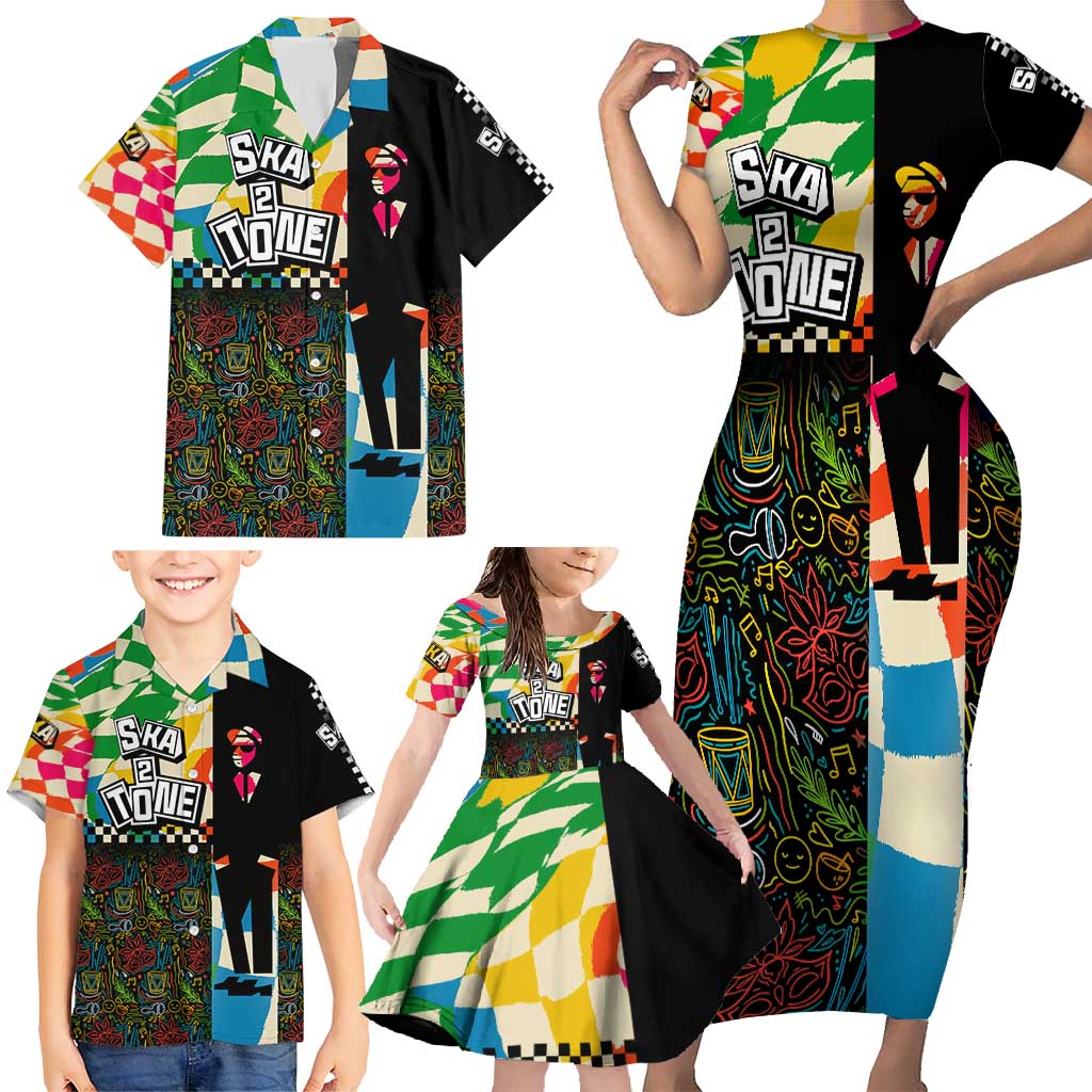 Ska Two Tone Family Matching Short Sleeve Bodycon Dress and Hawaiian Shirt with Colorful Checkerboard Music Art Carnival Festival - Wonder Print Shop
