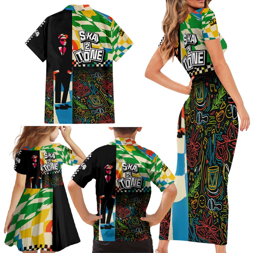 Ska Two Tone Family Matching Short Sleeve Bodycon Dress and Hawaiian Shirt with Colorful Checkerboard Music Art Carnival Festival - Wonder Print Shop