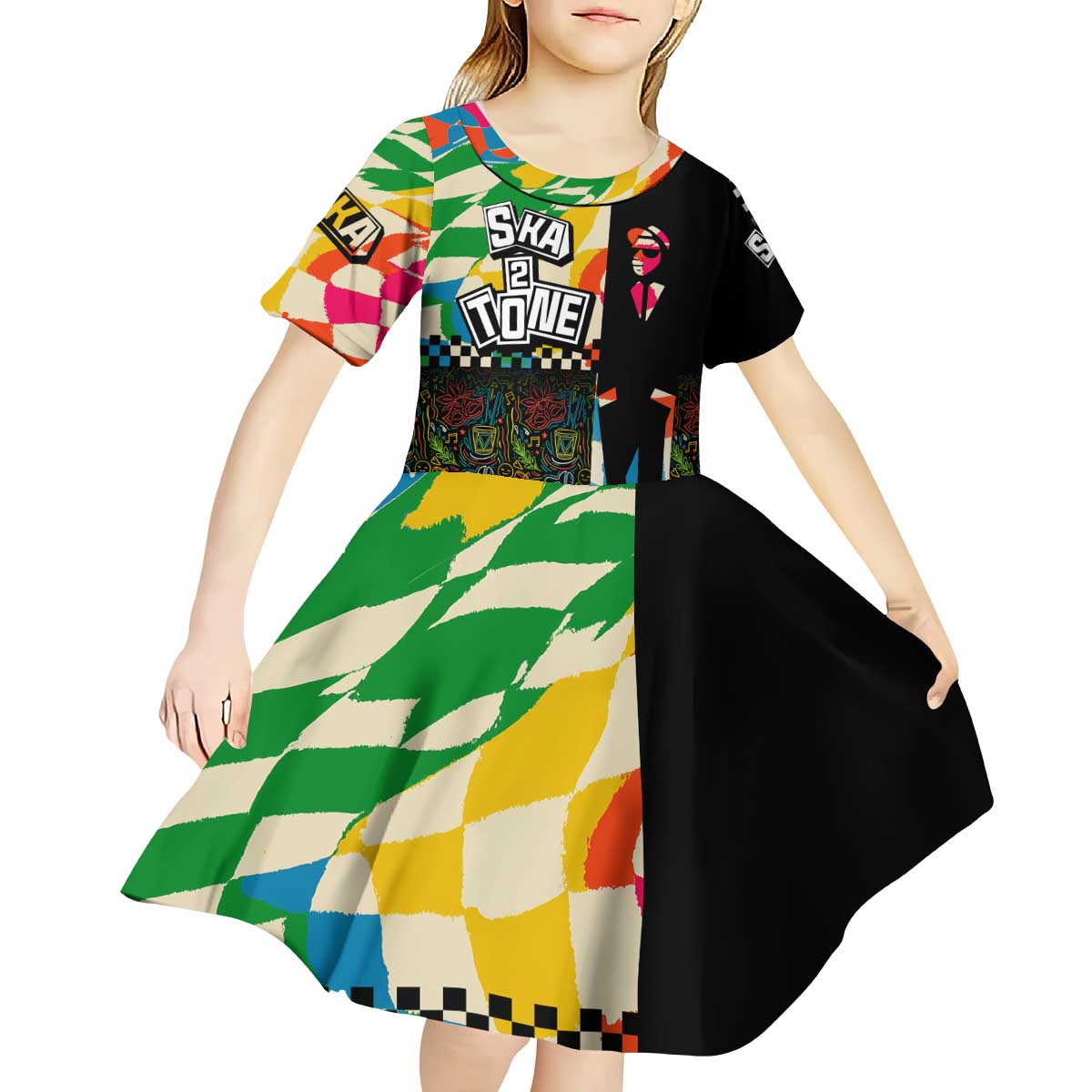 Ska Two Tone Kid Short Sleeve Dress with Colorful Checkerboard Music Art Carnival Festival - Wonder Print Shop