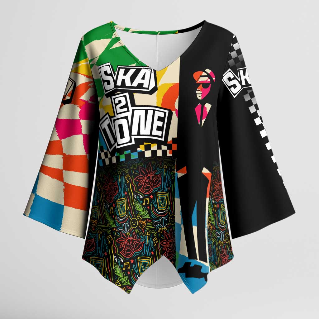 Ska Two Tone Kimono Sleeve Blouse with Colorful Checkerboard Music Art Carnival Festival - Wonder Print Shop