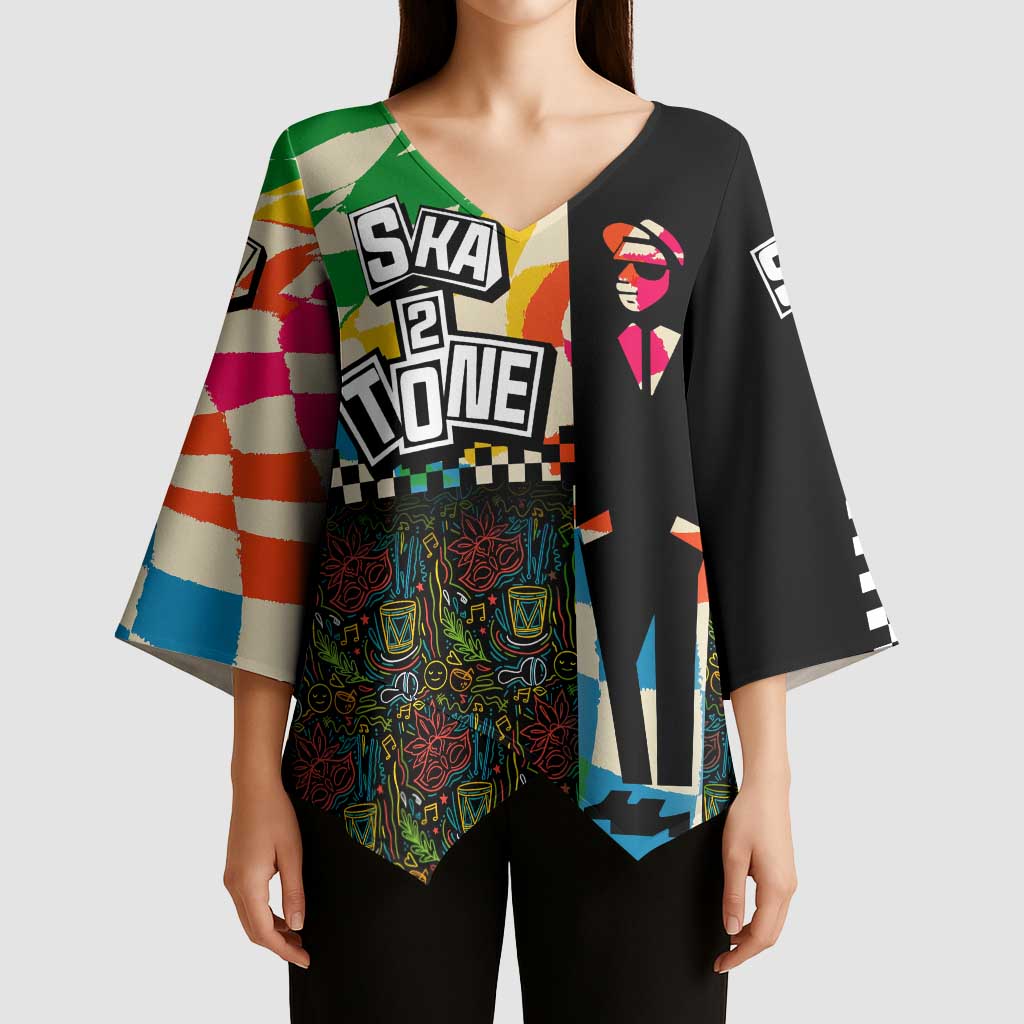 Ska Two Tone Kimono Sleeve Blouse with Colorful Checkerboard Music Art Carnival Festival - Wonder Print Shop