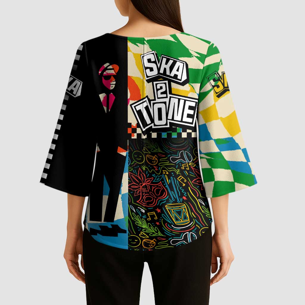 Ska Two Tone Kimono Sleeve Blouse with Colorful Checkerboard Music Art Carnival Festival - Wonder Print Shop