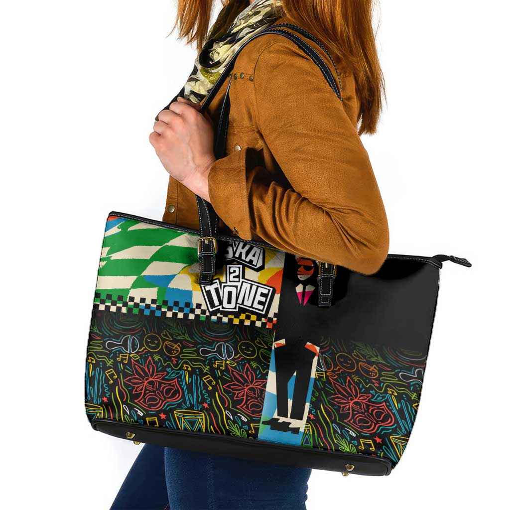 Ska Two Tone Leather Tote Bag with Colorful Checkerboard Music Art Carnival Festival - Wonder Print Shop