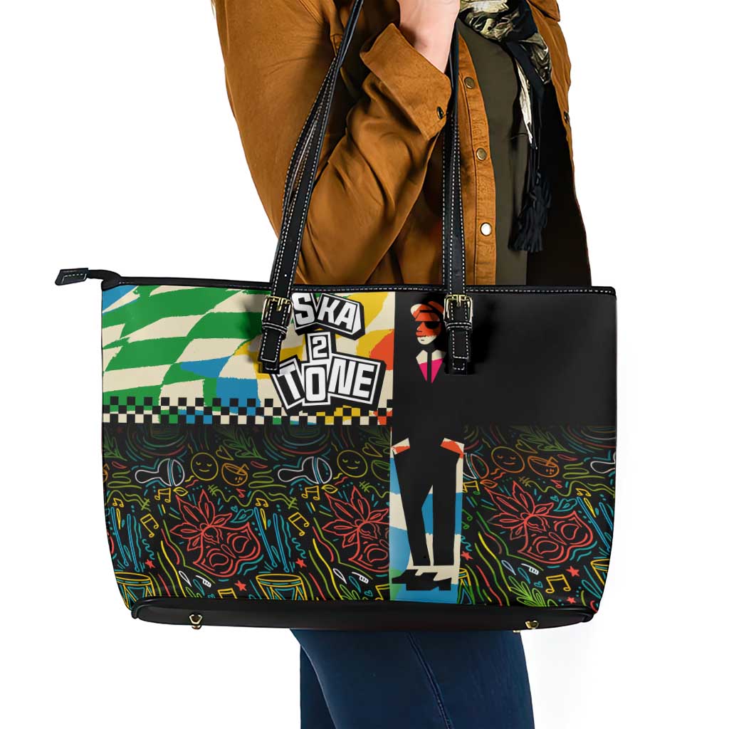 Ska Two Tone Leather Tote Bag with Colorful Checkerboard Music Art Carnival Festival - Wonder Print Shop