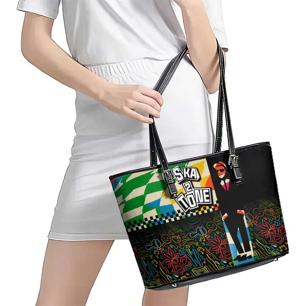Ska Two Tone Leather Tote Bag with Colorful Checkerboard Music Art Carnival Festival - Wonder Print Shop